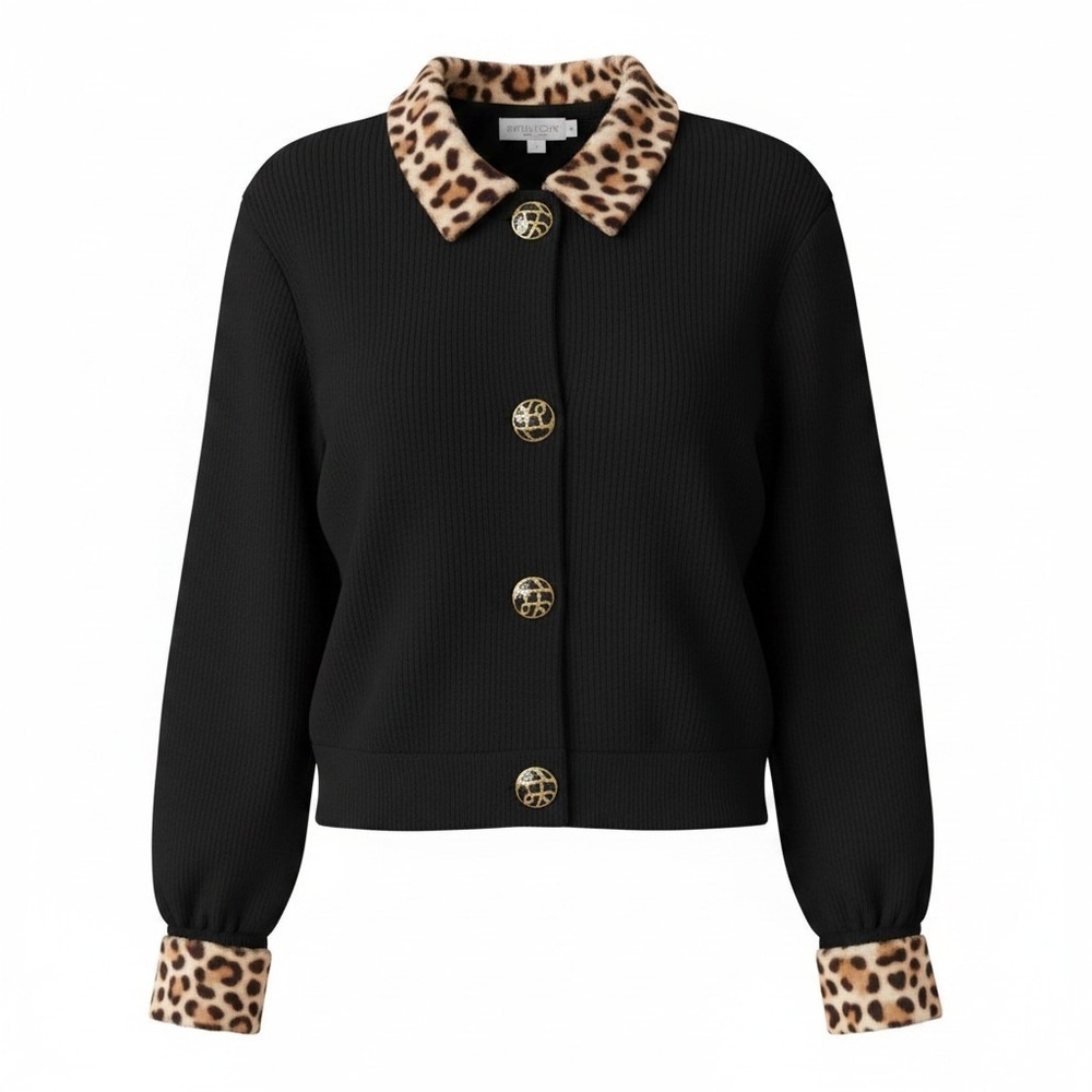 VTG St John Separates Black Knit Cardigan Leopard Print Collar Cuffs Buttons M